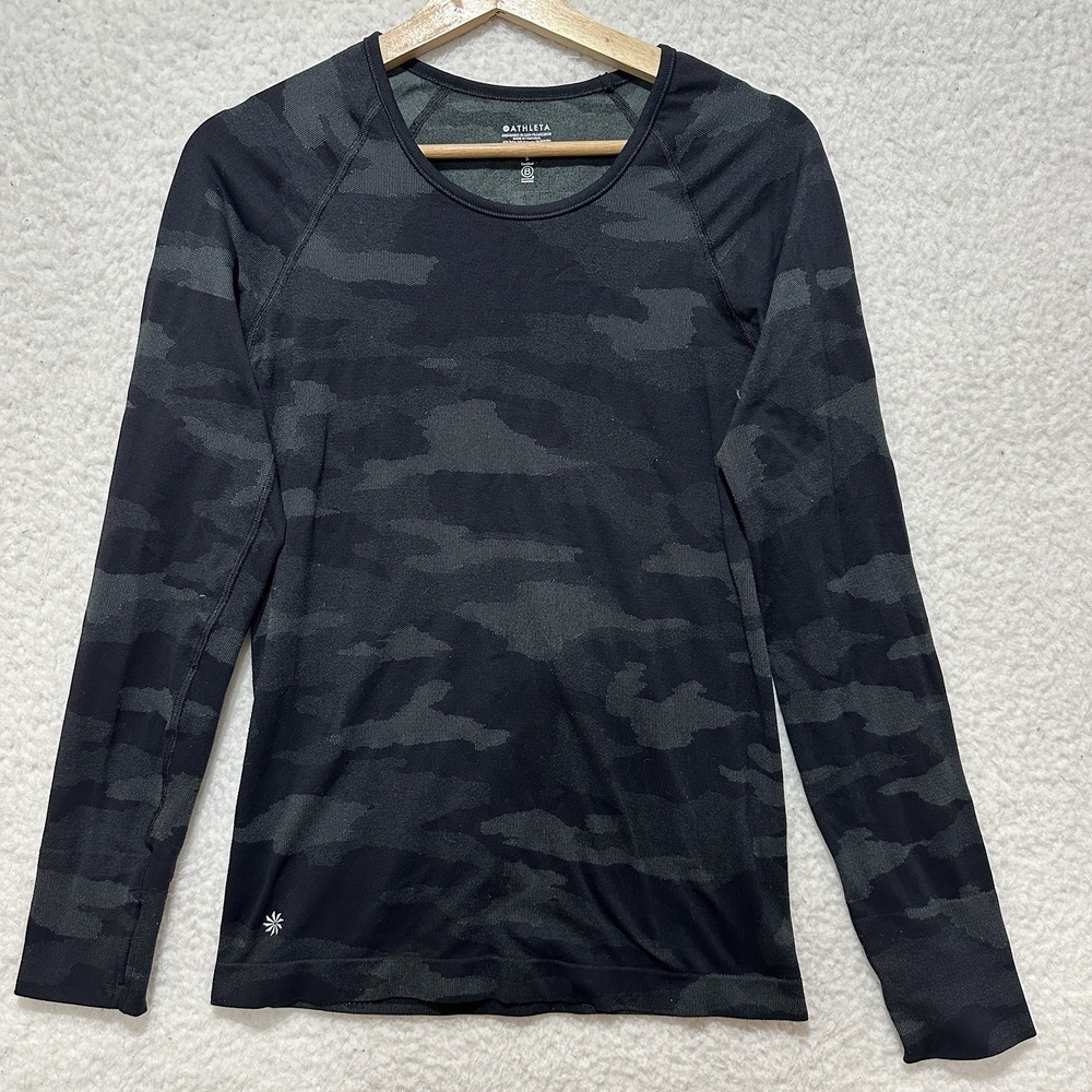 Athleta Speedlight Seamless Camo Top Size S Black Athletic Long Sleeve Thumbhole